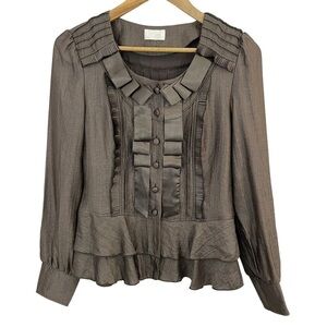 Red Coral Shiny Button Up Blouse Women’s S Light Bronze Frilly Dress Shirt Fancy